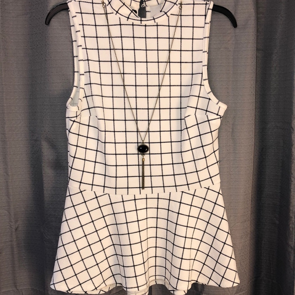 White and Black Checked Peplum Top